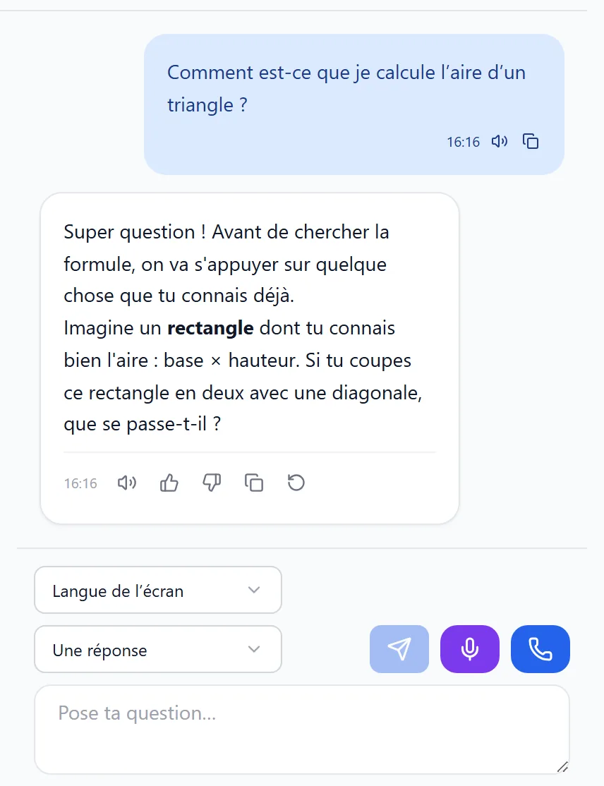 Capture de l'application : l'élève demande comment calculer l'aire d'un triangle, le tuteur lui répond par une question sur le rectangle.
